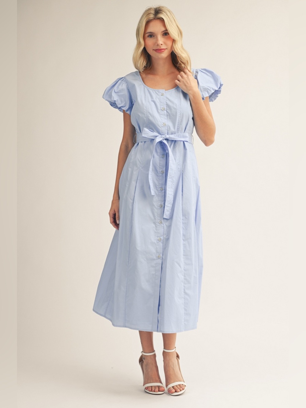 #293 Light Blue Button-Front Midi Dress with Tie Waist - Picture 3 of 4